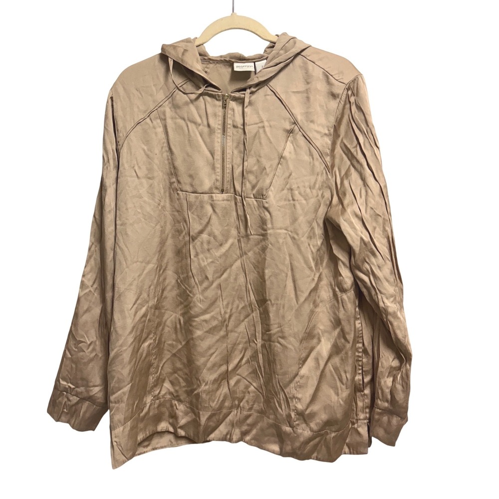 Zenergy by Chico's Quarter Zip Anorak Gold Tan Hoodie Jacket Satin Finish Size 3